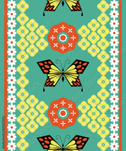 Butterfly Garden A vibrant design featuring stylized butterflies amidst a repeating pattern of geometric shapes and floral accents, creating a whimsical and colorful composition.
