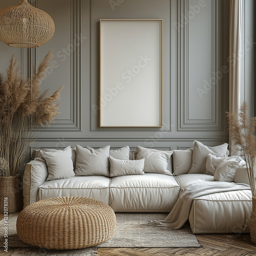 Mockup poster frame on the wall n the living room, art picture, for interior design or real estate decoration luxurious apartment, background.