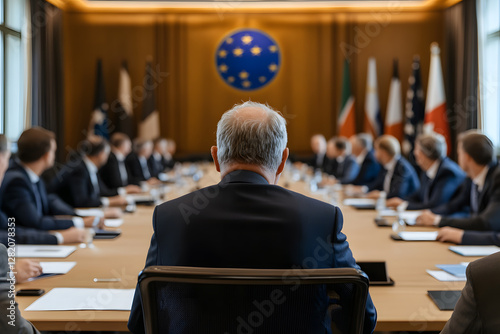 International summit: Delegates at a meeting table with flags and a spherical symbol. Discussions and cooperation on a global scale in progress.