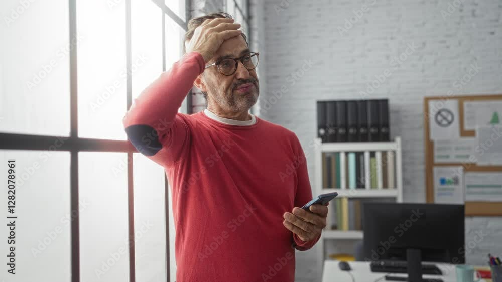 Man in office with glasses and phone looks worried in front of large window and bookshelf. Man in office with glasses and phone looks worried in front of large window and bookshelf.