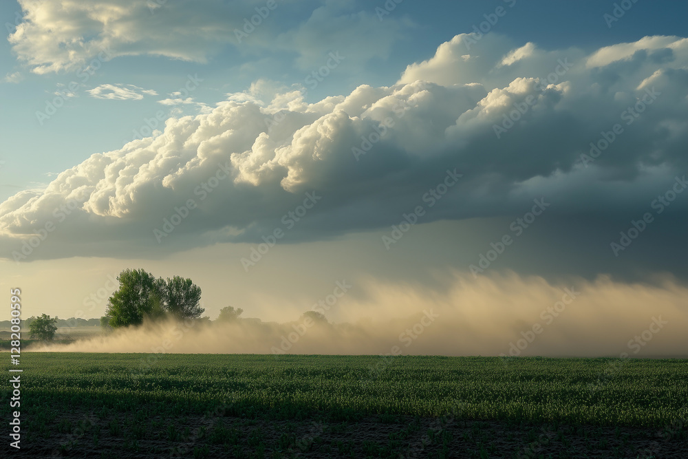Strong windstorm lifts clouds of dust over an agricultural field under a dramatic sky in the late afternoon Strong windstorm lifts clouds of dust over an agricultural field under a dramatic sky in the late afternoon