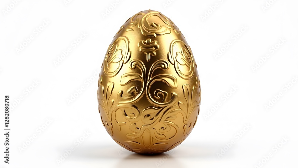 A close-up of a golden easter egg with carved floral patterns, positioned vertically on a white background A close-up of a golden easter egg with carved floral patterns, positioned vertically on a white background