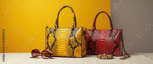 Stylish Snake Print Handbags With Sunglasses and Bracelet Displayed