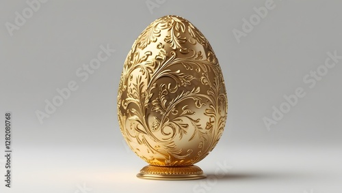 A mat finish golden egg positioned vertically on a stand, with floral patterns