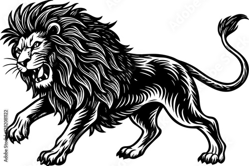 lion in a powerful pouncing position, with a flowing mane, drawn in an engraving style sketch engraving vector