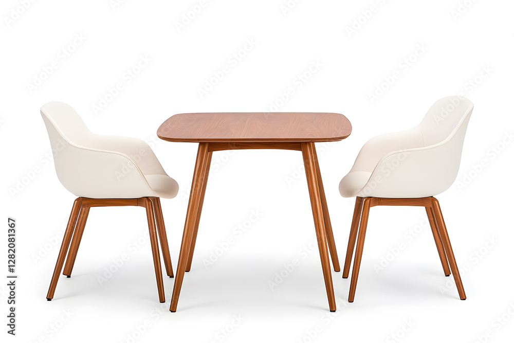 Modern dining set featuring a wooden table and two white chairs, perfect for a minimalist home decor. The design is sleek and functional. Modern dining set featuring a wooden table and two white chairs, perfect for a minimalist home decor. The design is sleek and functional.