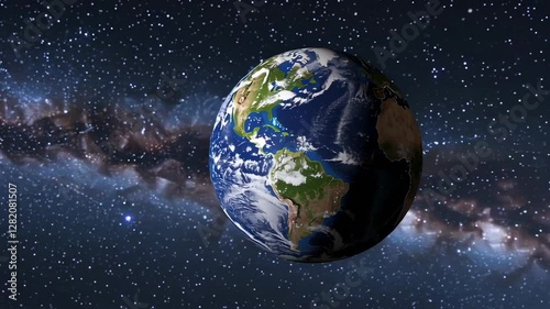Planet earth is slowly rotating in space against the backdrop of the milky way galaxy, showcasing its continents, oceans, and atmospheric details in a captivating slow motion sequence