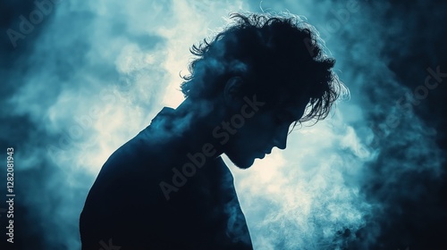 Dramatic silhouette of man in blue backlight with moody atmospheric smoke