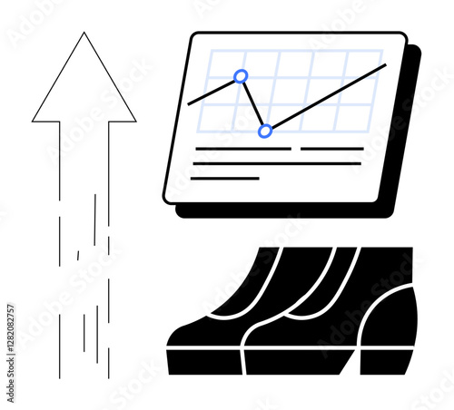 Arrow pointing upward, data chart with line graph and two data points, pair of abstract shoes. Ideal for business development, financial growth, career advancement, strategic planning, success, goal