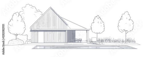 Flat linear icons set of modern house with pool and trees - vector style.