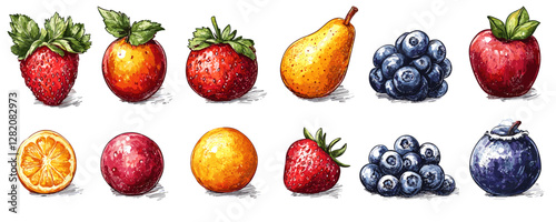 Colorful flat vector icons set of various fruits with detail and texture.