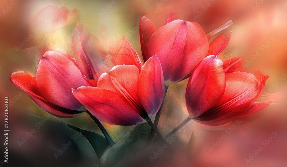 Fototapeta premium Vibrant Red Tulips Blooming in Soft Light