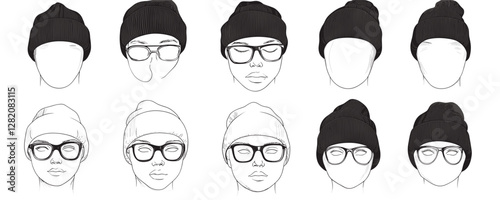 Flat linear icons set of beanies and glasses vector in various styles.