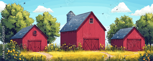 Flat vector icon set of red barns in countryside with trees and clouds.