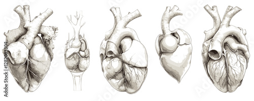 Flat linear human heart anatomy icons set - detailed vector illustrations.