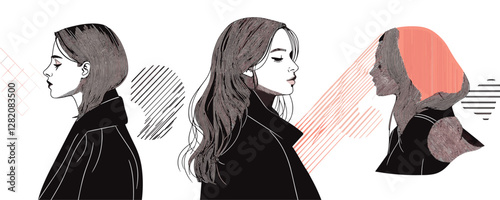 Flat linear icons set of silhouetted female profiles with abstract patterns.