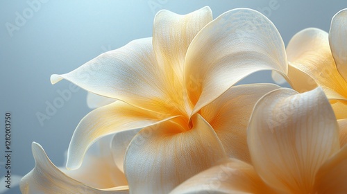 Close-up of delicate, pastel-colored plumeria flowers in soft light #1282083750