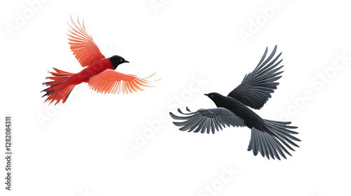Two Birds in Flight Red and Black Wings Nature Wildlife Art Graphic Design Illustration sky dark image color animal