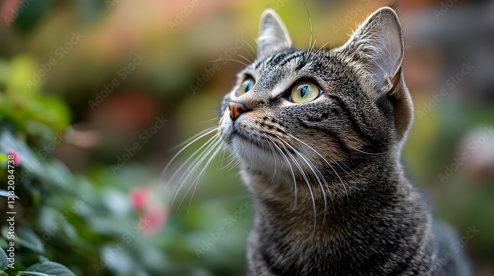 Fototapeta premium Tabby cat gazing into distance in lush outdoor setting. Raising awareness for World Spay Day, responsible pet care and neutering to prevent overpopulation and improve animal welfare