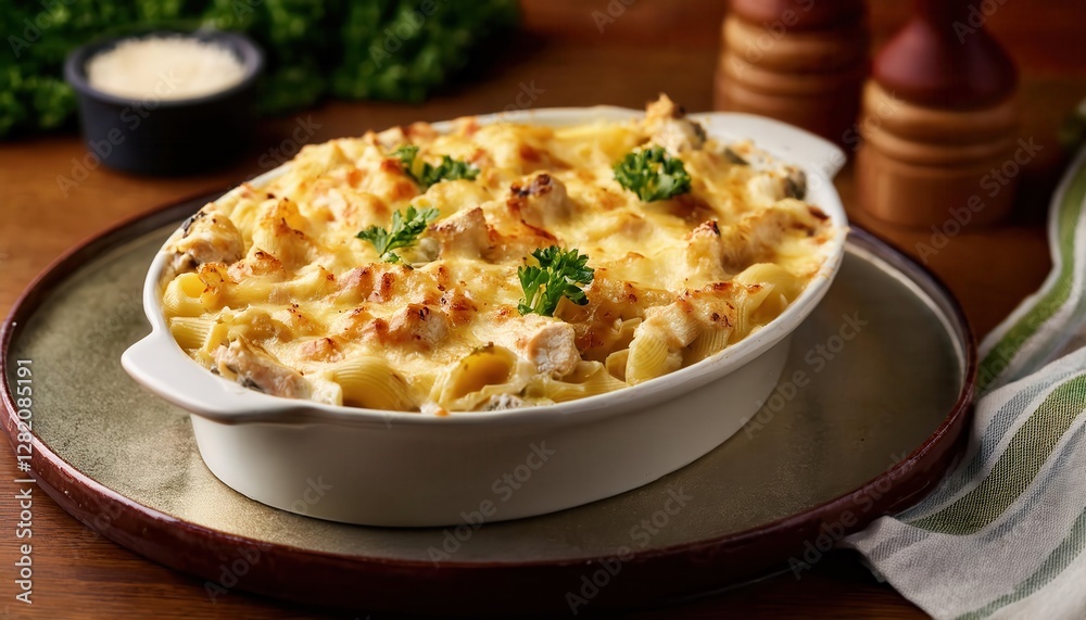 Delicious Firefly chicken alfredo casserole with cheesy golden topping served in natural light Delicious Firefly chicken alfredo casserole with cheesy golden topping served in natural light