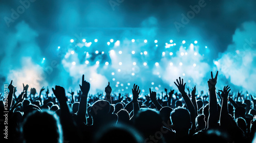 Crowd Silhouette at Night Concert with Bright Stage Lights