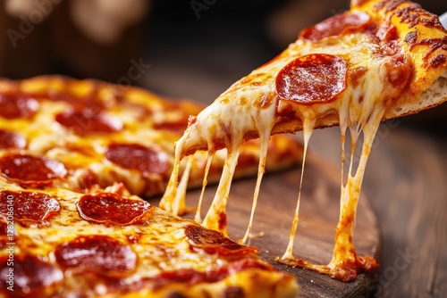 High Detail Shot of Dripping Slice of Pepperoni Pizza