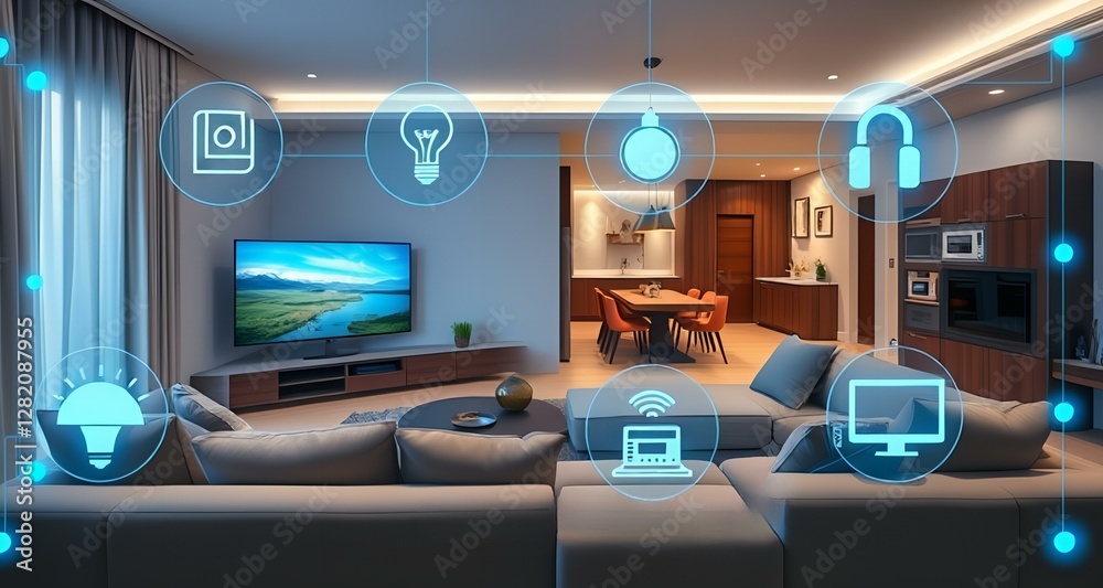 The interior of an AI-enabled smart home, showing an advanced smart home component management system enhanced by augmented reality. The interior of an AI-enabled smart home, showing an advanced smart home component management system enhanced by augmented reality.