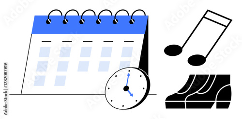 Spiral-bound calendar, clock marking time, musical notes, and shoes. Ideal for time management, scheduling, event planning, productivity, balance lifestyle organization leisure activities concepts