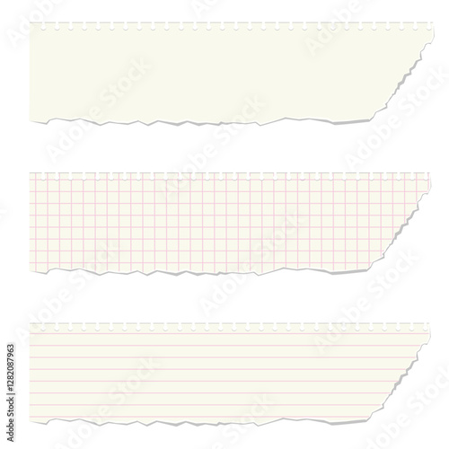 A collection of cream empty, checkered and lined torn paper corner pieces with different shapes and sizes. Modern grunge collage for contemporary art style. Brutalism horizontal abstract shapes.