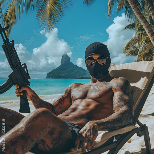 young man sitting on a beach lounge chair wearing a balaclava mask and holding a rifle 