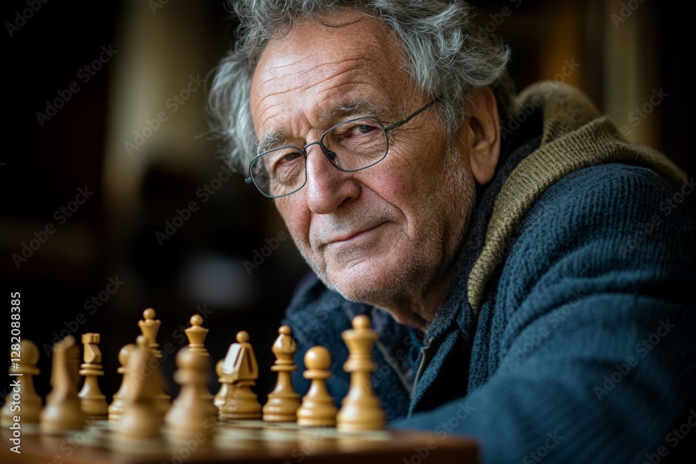 Elderly man enjoys a quiet chess game in a cozy indoor setting during late afternoon hours