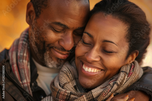 A mid-age couple shares a joyful moment together, radiating happiness and love in a beautiful outdoor setting.