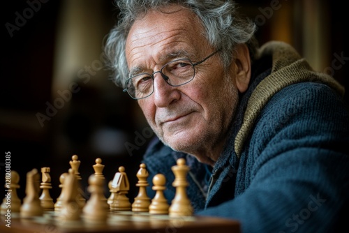 Obraz na płótnie Elderly man enjoys a quiet chess game in a cozy indoor setting during late afternoon hours w salonie