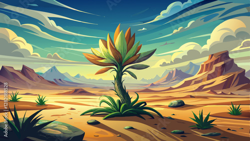 Stunning Long Exposure of a Resilient Plant Thriving in a Vast Desert Landscape, Showcasing Nature's Beauty and Adaptability Amidst Arid Conditions for Inspirational Stock Photography
