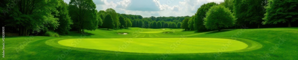 Perfectly manicured golf course green, lush grass, landscape, pasture Perfectly manicured golf course green, lush grass, landscape, pasture