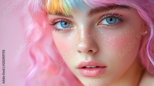 Wallpaper Mural Close-up portrait of girl with rainbow hair and pink makeup, soft light background Torontodigital.ca