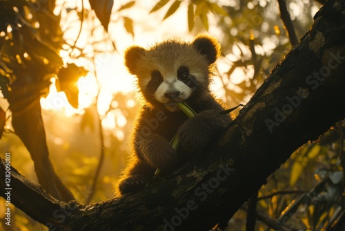 Adorable panda cub enjoys bamboo while perched on a tree branch during sunset in a lush forest setting