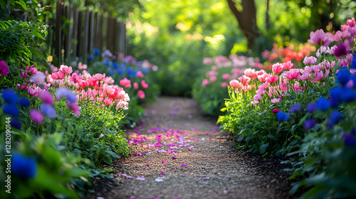 A picturesque garden pathway lined with blooming sweet peas in shades of pink and purple, climbing a trellis