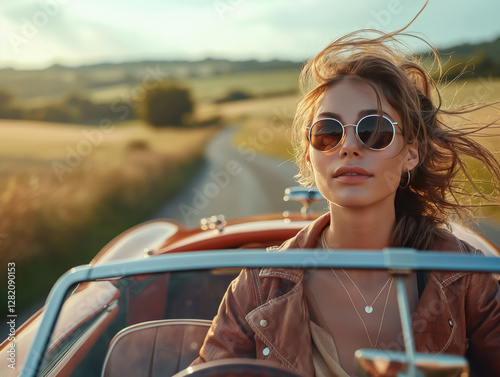 A stylish woman in sunglasses is captured in a close-up while driving a classic car, with sunlight dappling the road ahead. The shot exudes freedom, joy, and a sense of adventure.