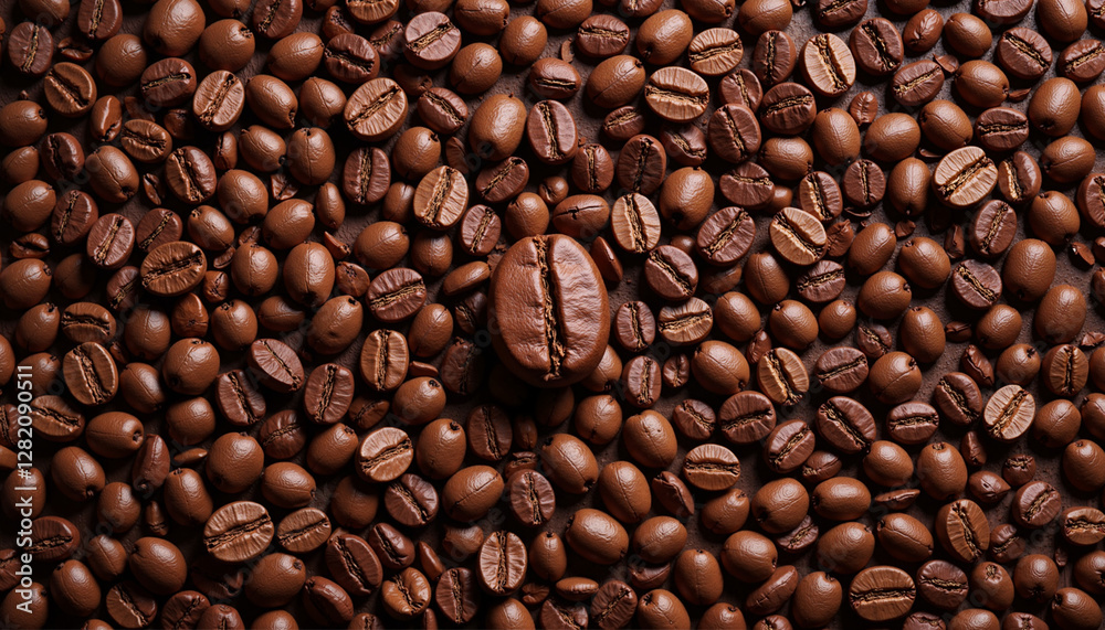 Fototapeta premium Close-up of roasted coffee beans with one larger bean in focus, highlighting richness and aroma, copy space 