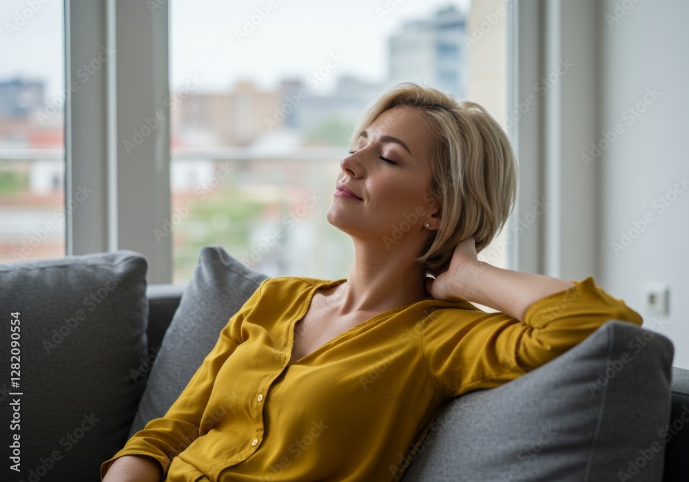A woman with short blonde hair, wearing a yellow top, sitting on a gray couch, eyes closed, looking serene in a bright living room.
A woman with short blonde hair, wearing a yellow top, sitting on a gray couch, eyes closed, looking serene in a bright living room.