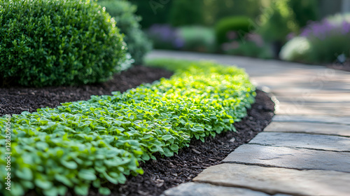 A picturesque garden pathway lined with creeping Jenny plants, their bright green leaves adding a lush touch