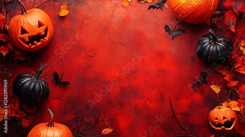 Halloween background with pumpkins, bats, and autumn leaves forming a frame on red surface