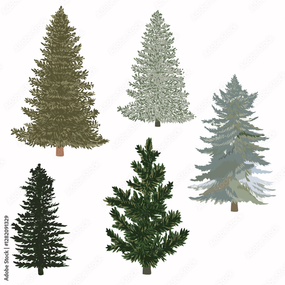 Obraz premium Set of vector hand drawn Christmas trees isolated on white for design
