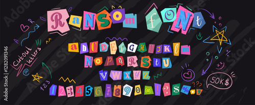 Ransom font with colorful cutout letters, numbers, punctuation marks from magazine pages. Collage vector alphabet in trendy style with cute doodle elements. Newspaper cut out paper torn alphabet