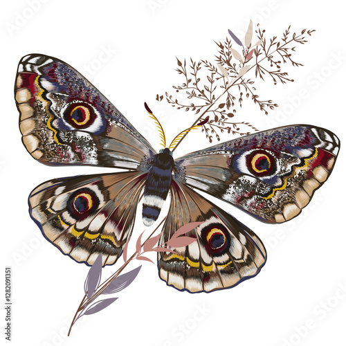 Hand drawn vector boho night butterfly moth illustration in vintage style