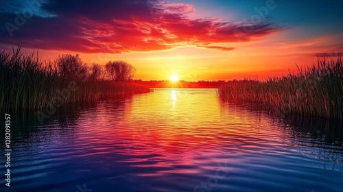 Vibrant sunset over calm water reflecting colorful skies and silhouettes of trees