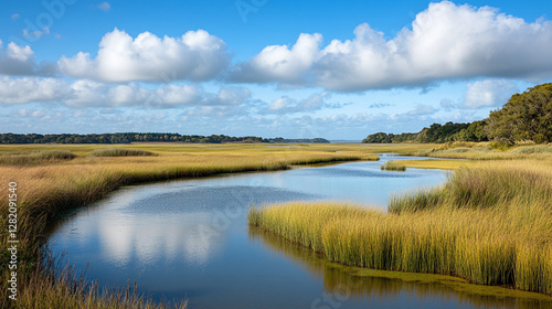 Scenic marsh landscape with calm water and green grasses under a blue sky