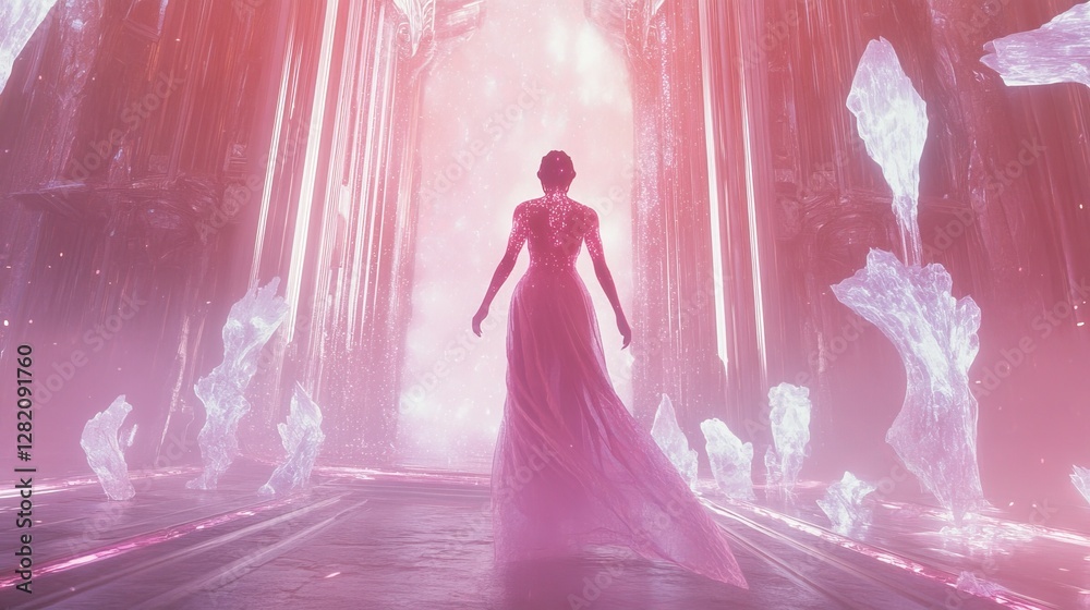 Alien queen glowing with cosmic energy, standing in glass palace, regal and powerful, sci-fi royalty Alien queen glowing with cosmic energy, standing in glass palace, regal and powerful, sci-fi royalty