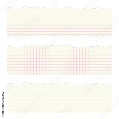 A collection of cream checkered and lined torn paper pieces with different shapes and sizes. Modern grunge collage for contemporary art style. Brutalism horizontal abstract shapes.